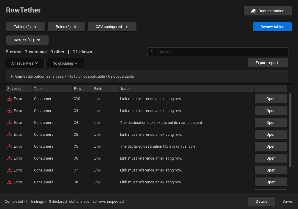 Illustrative review with game rules enabled; counts depend on your configuration.